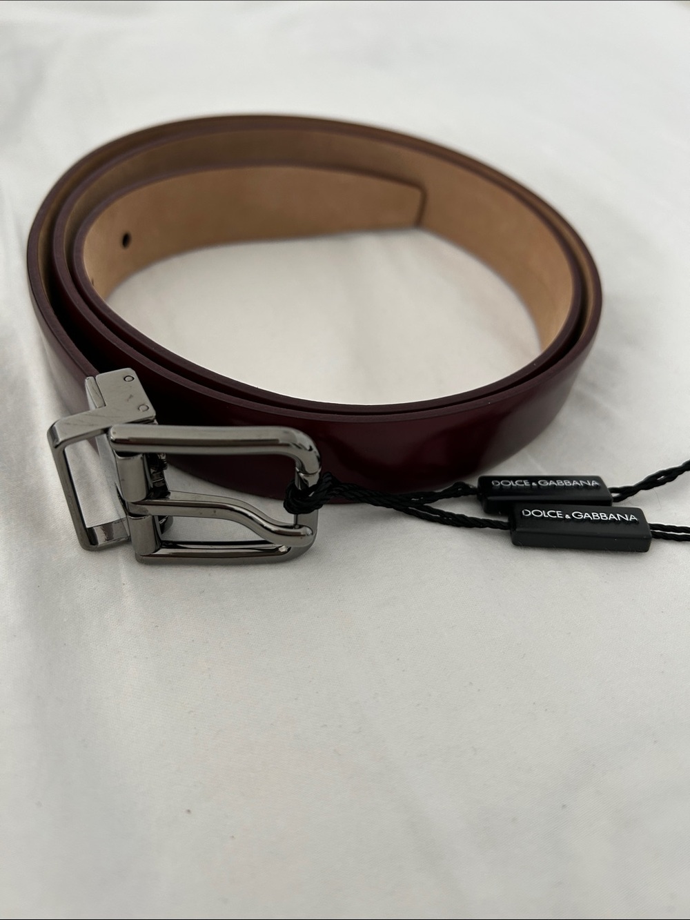 New Dolce & Gabbana unisex Burgundy Leather Belt with Silver-Tone Buckle